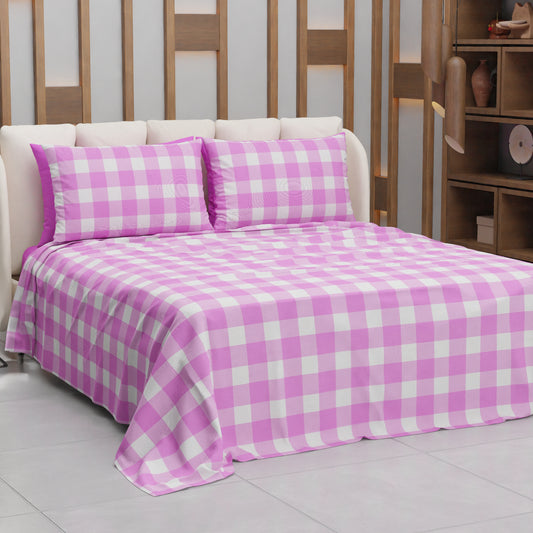 Lenzuolo Copriletto e Federe in Microfibra A Quadretti Fucsia