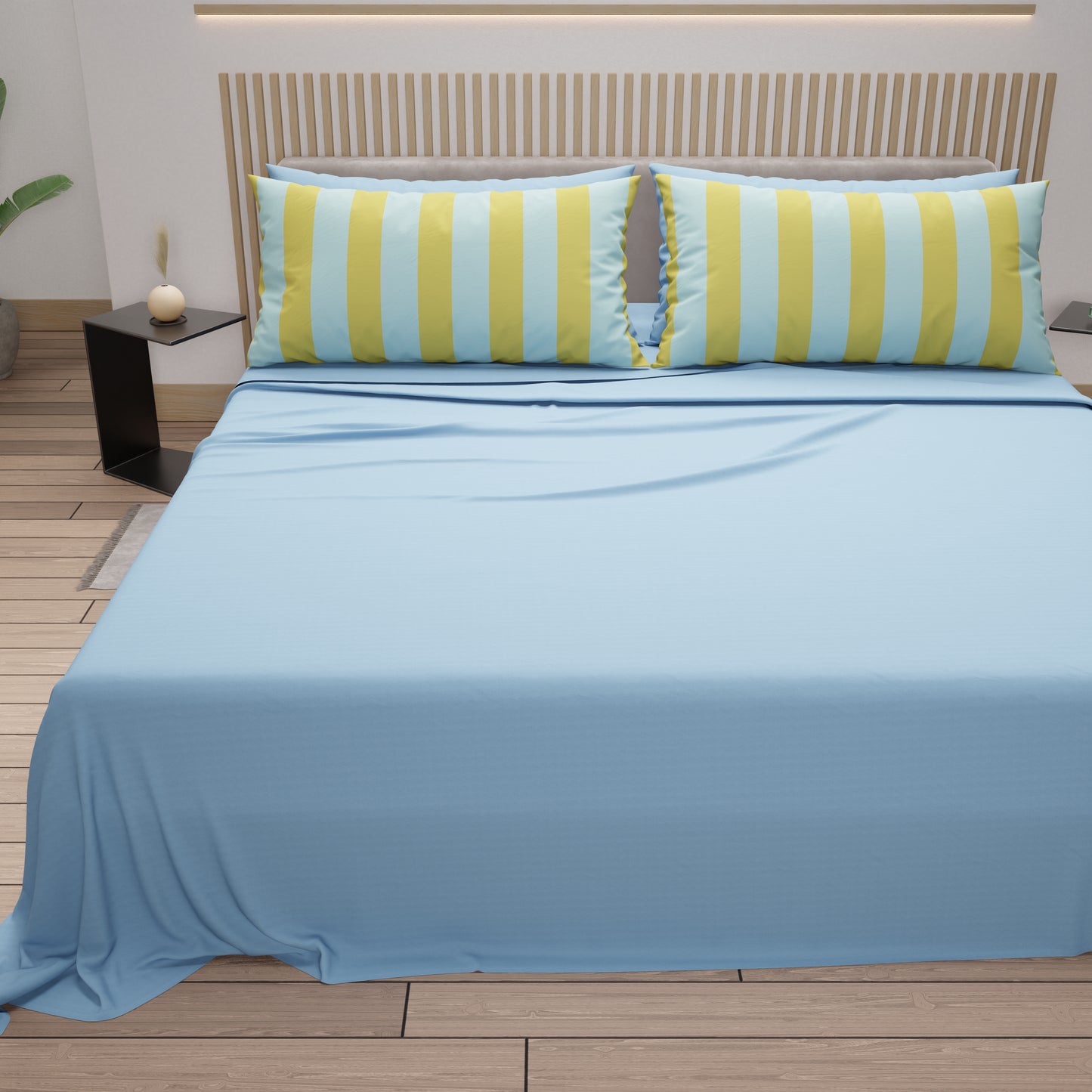 Lenzuola in Cotone, Completo Letto con Federe in Stampa Digitale Righe Giallo/Celeste.