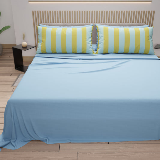 Lenzuola in Cotone, Completo Letto con Federe in Stampa Digitale Righe Giallo/Celeste.