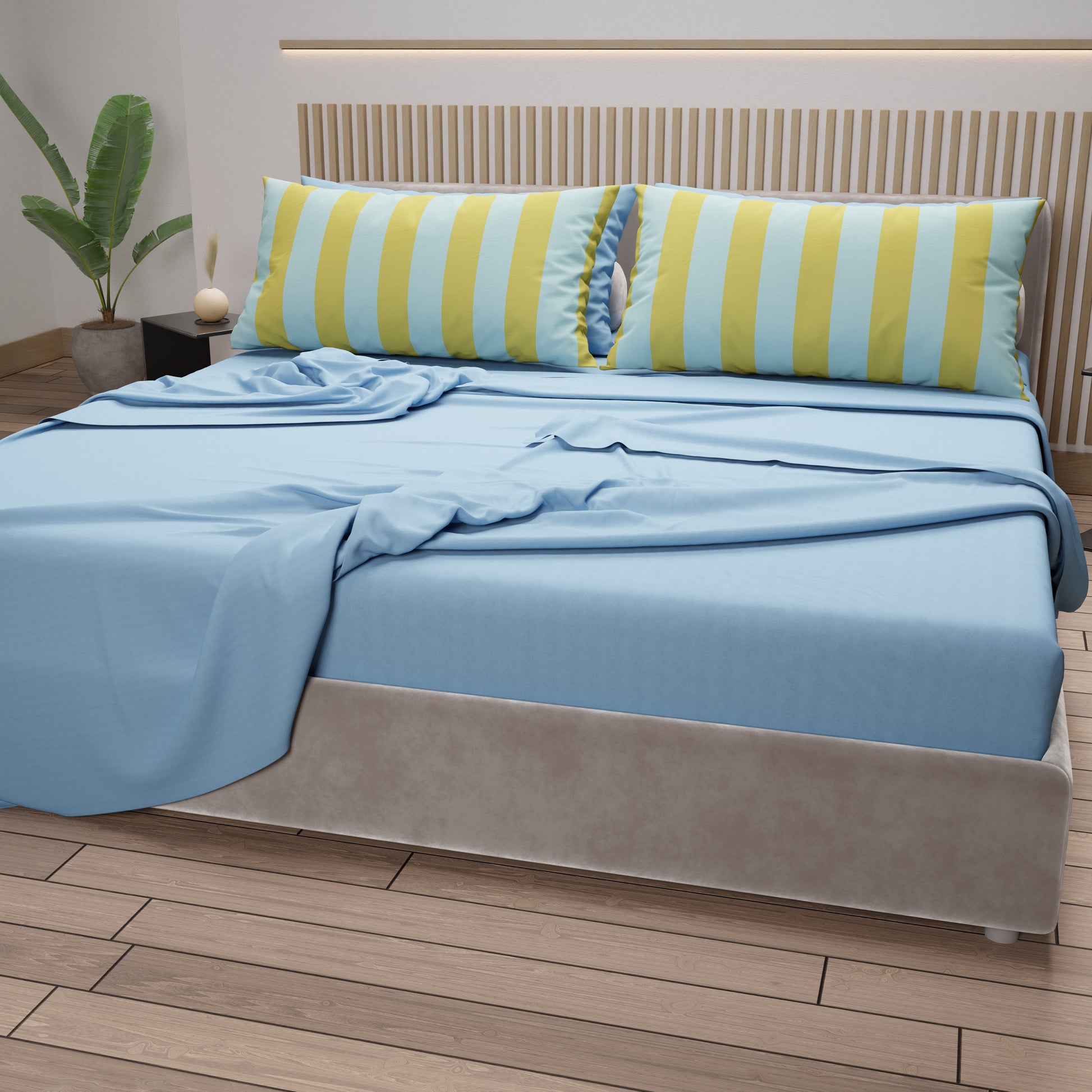 Lenzuola in Cotone, Completo Letto con Federe in Stampa Digitale Righe Giallo/Celeste.