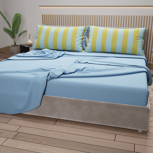 Lenzuola in Cotone, Completo Letto con Federe in Stampa Digitale Righe Giallo/Celeste.
