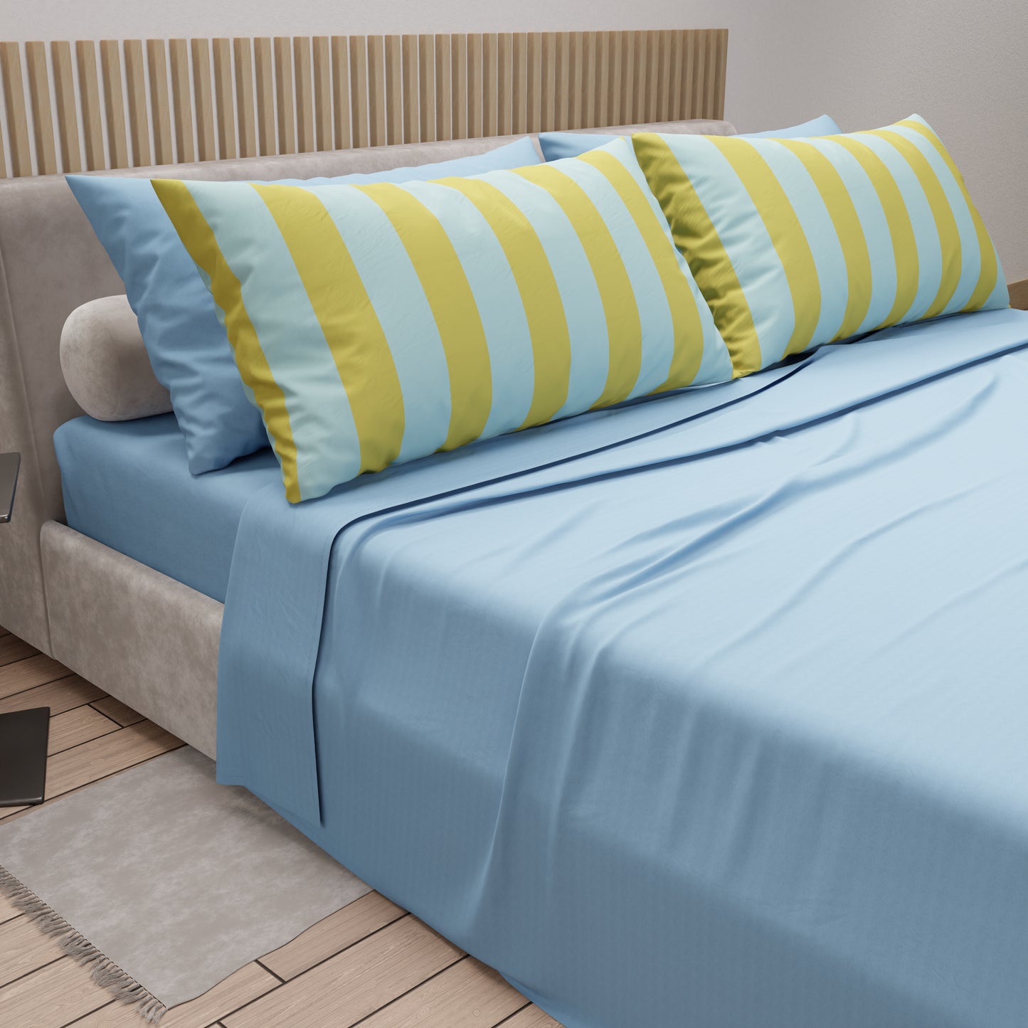 Lenzuola in Cotone, Completo Letto con Federe in Stampa Digitale Righe Giallo/Celeste.
