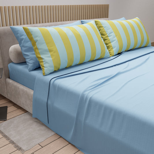 Lenzuola in Cotone, Completo Letto con Federe in Stampa Digitale Righe Giallo/Celeste.
