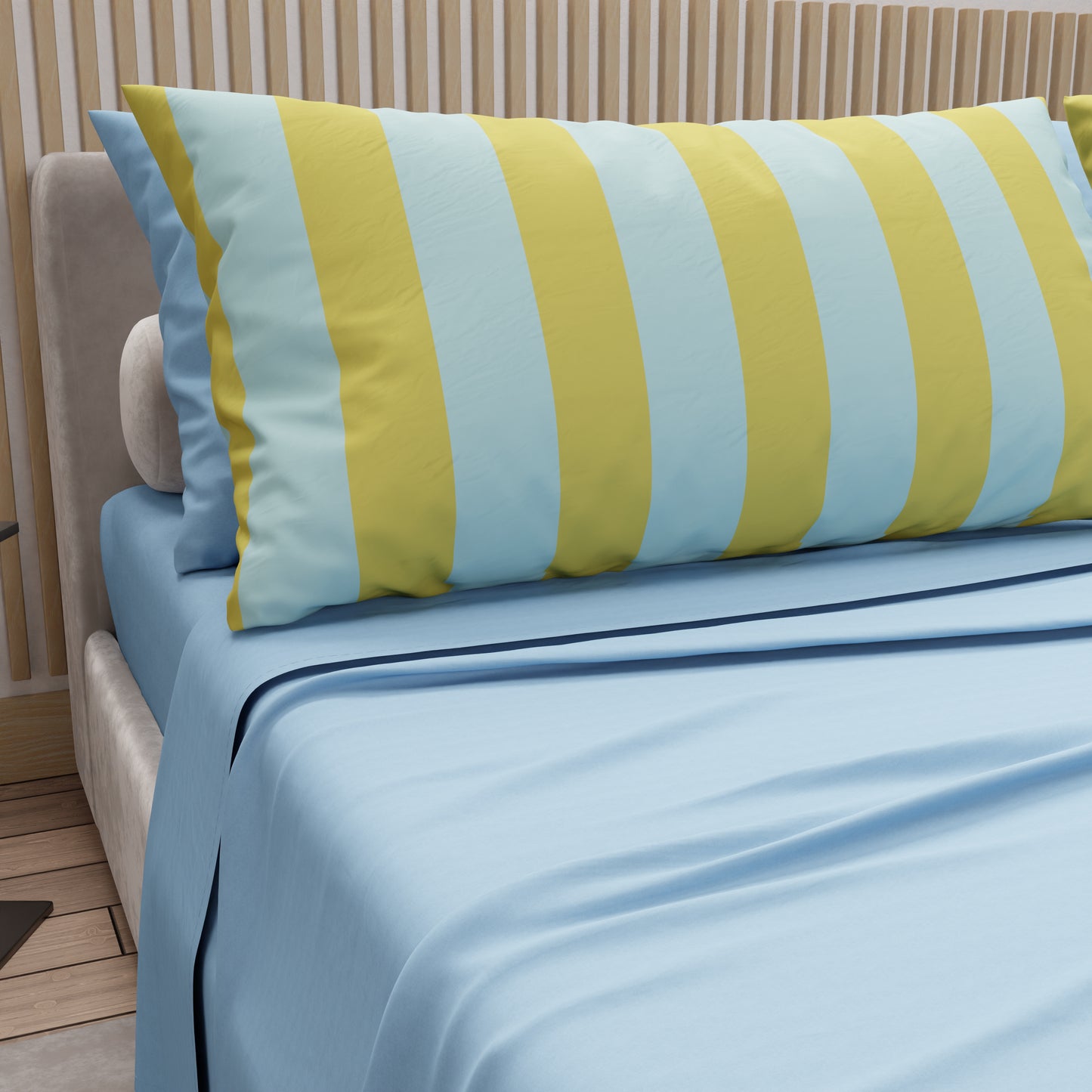 Lenzuola in Cotone, Completo Letto con Federe in Stampa Digitale Righe Giallo/Celeste.