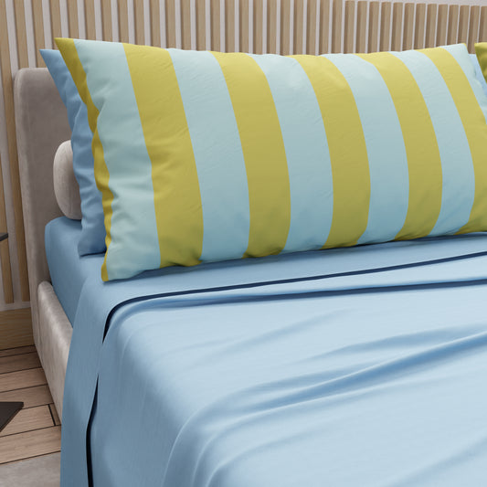 Lenzuola in Cotone, Completo Letto con Federe in Stampa Digitale Righe Giallo/Celeste.