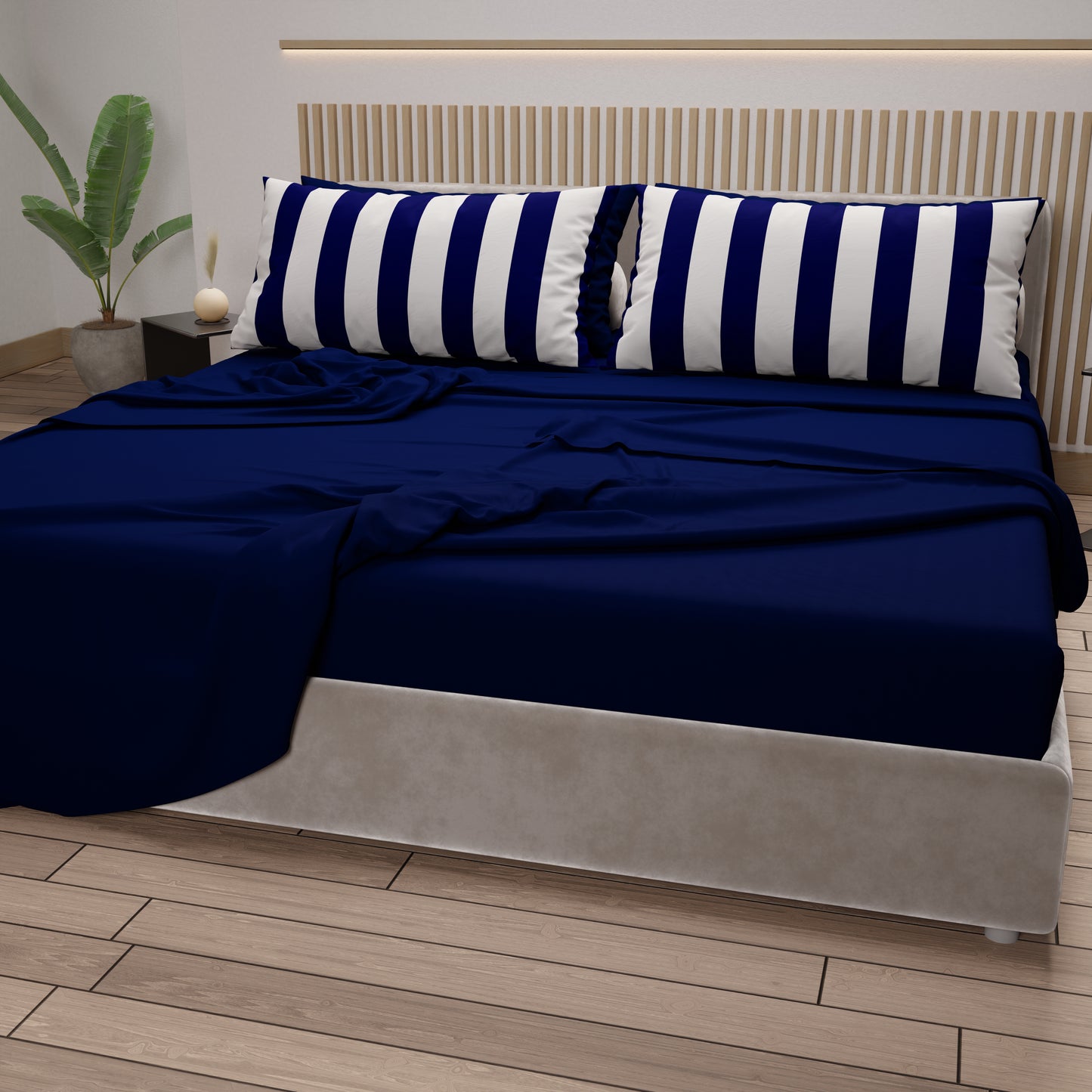 Lenzuola in Cotone, Completo Letto con Federe in Stampa Digitale Righe Bianco/Blu Notte
