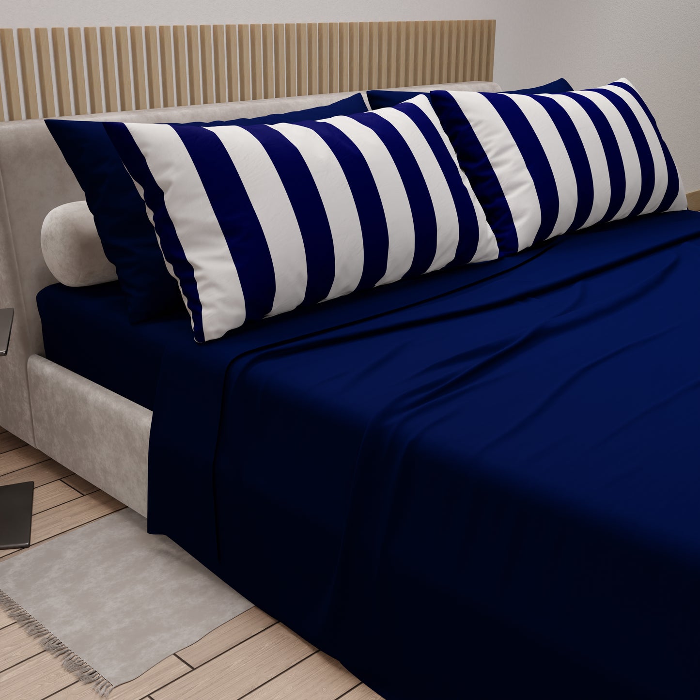 Lenzuola in Cotone, Completo Letto con Federe in Stampa Digitale Righe Bianco/Blu Notte