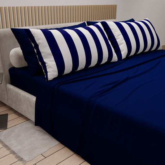 Lenzuola in Cotone, Completo Letto con Federe in Stampa Digitale Righe Bianco/Blu Notte