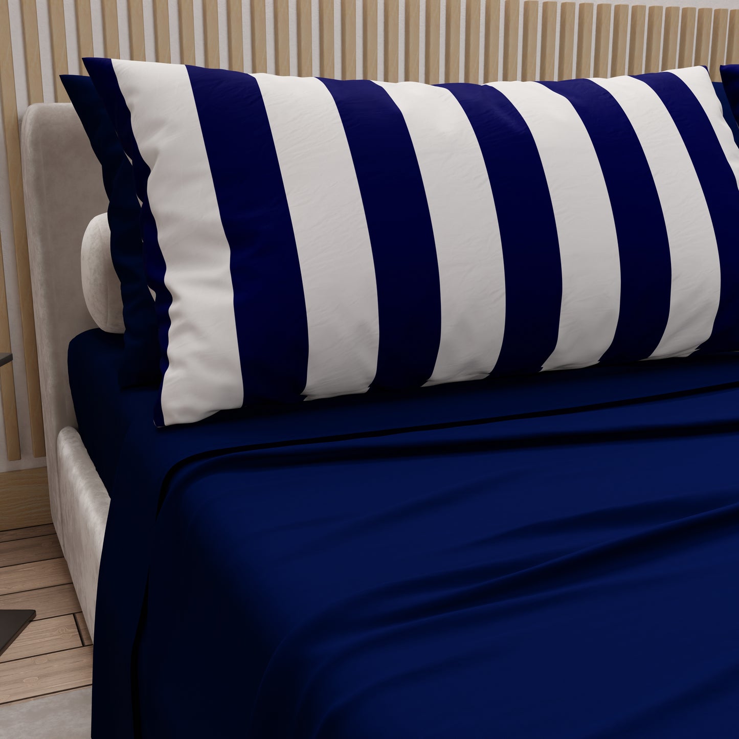 Lenzuola in Cotone, Completo Letto con Federe in Stampa Digitale Righe Bianco/Blu Notte