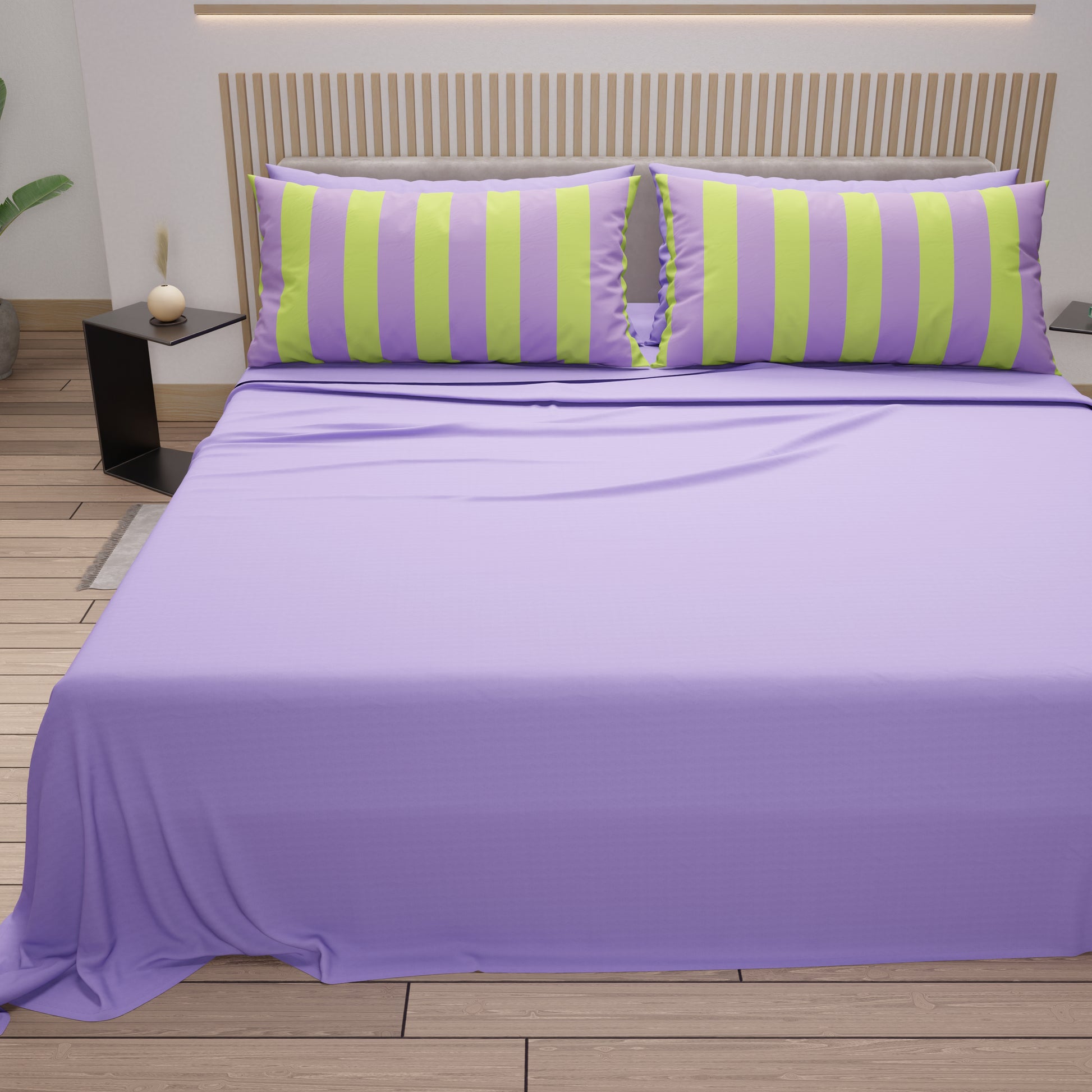 Lenzuola in Cotone, Completo Letto con Federe in Stampa Digitale Righe Verde Chiaro/Lilla.