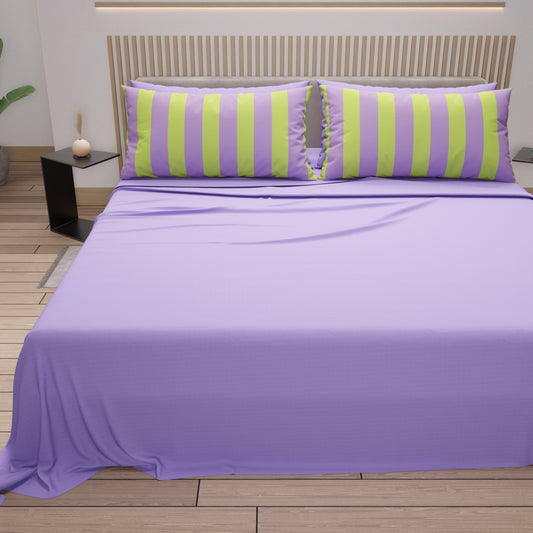 Lenzuola in Cotone, Completo Letto con Federe in Stampa Digitale Righe Verde Chiaro/Lilla.