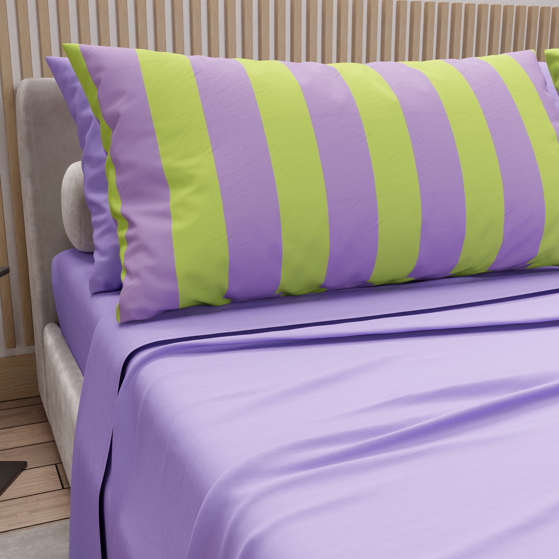Lenzuola in Cotone, Completo Letto con Federe in Stampa Digitale Righe Verde Chiaro/Lilla.