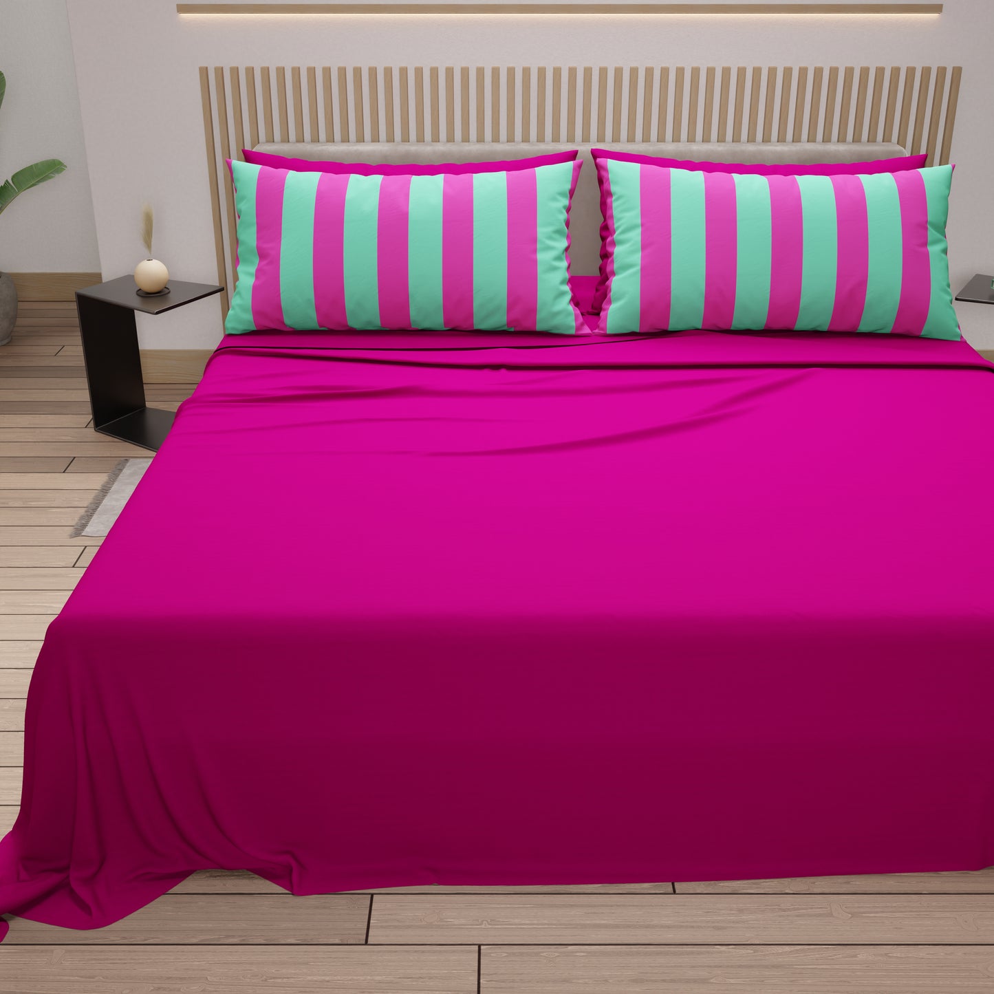 Lenzuola in Cotone, Completo Letto con Federe in Stampa Digitale Righe Tiffany/Fucsia