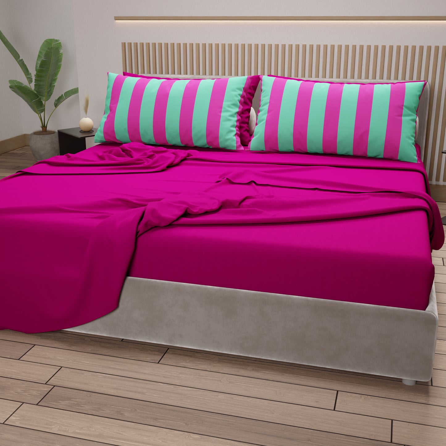 Lenzuola in Cotone, Completo Letto con Federe in Stampa Digitale Righe Tiffany/Fucsia