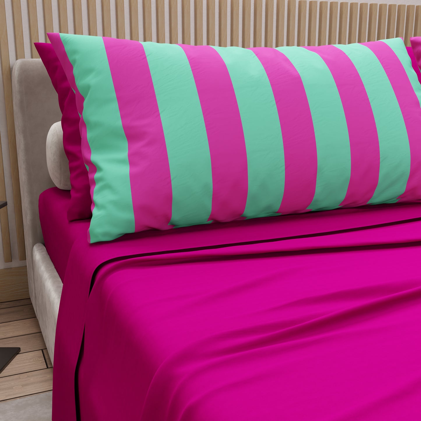 Lenzuola in Cotone, Completo Letto con Federe in Stampa Digitale Righe Tiffany/Fucsia