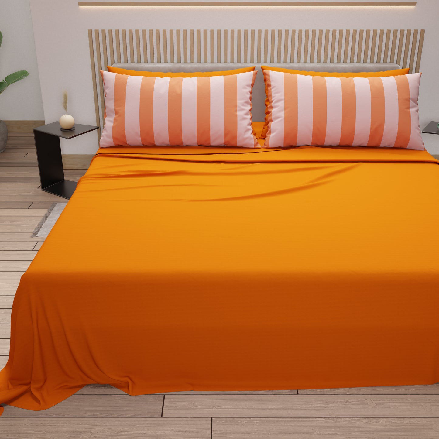 Lenzuola in Cotone, Completo Letto con Federe in Stampa Digitale Righe Rosa/Arancione