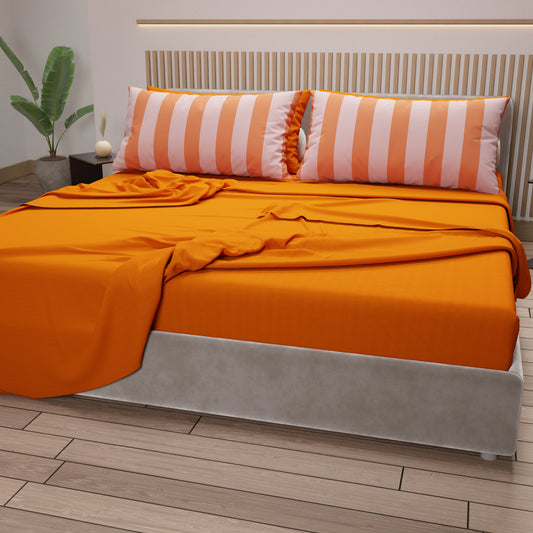 Lenzuola in Cotone, Completo Letto con Federe in Stampa Digitale Righe Rosa/Arancione