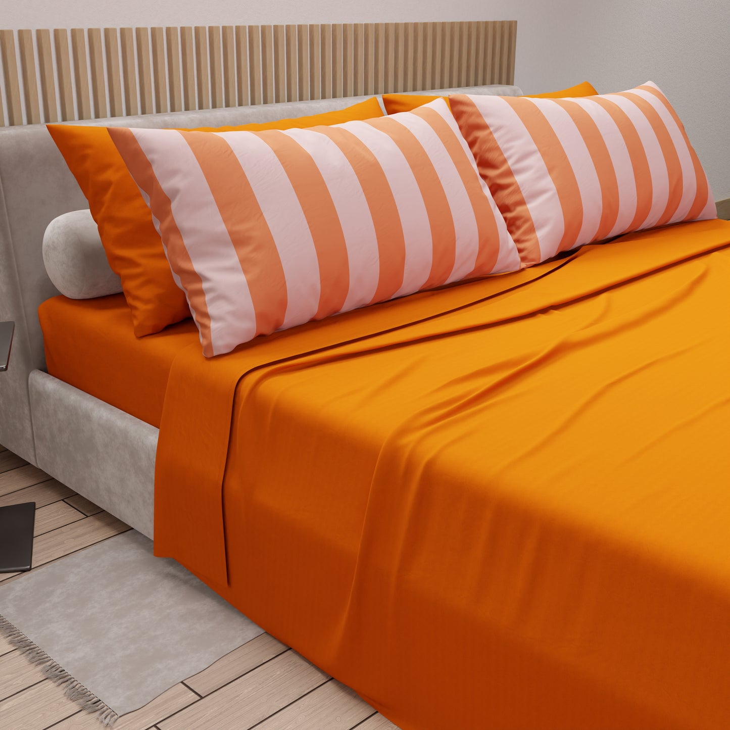 Lenzuola in Cotone, Completo Letto con Federe in Stampa Digitale Righe Rosa/Arancione