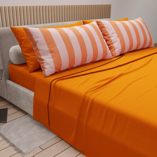 Lenzuola in Cotone, Completo Letto con Federe in Stampa Digitale Righe Rosa/Arancione