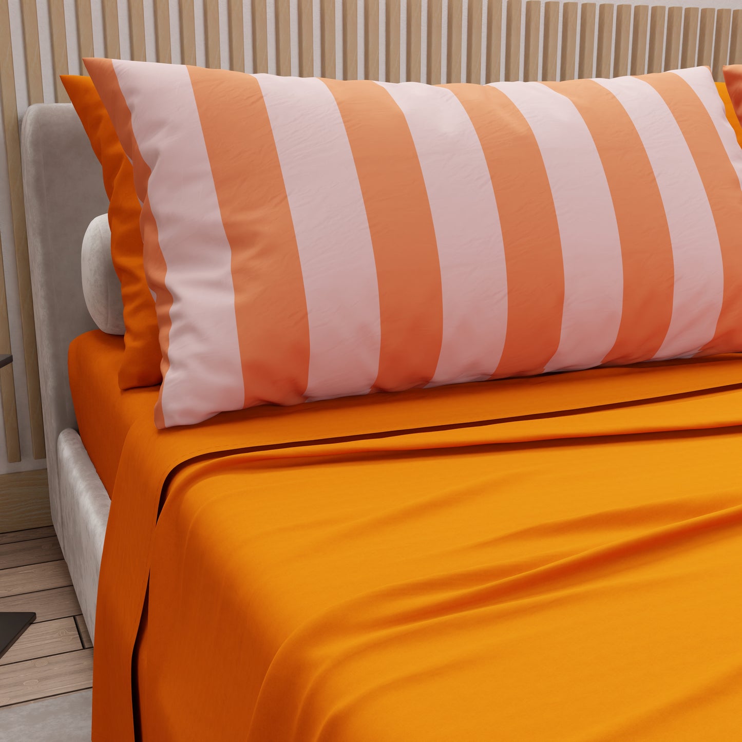 Lenzuola in Cotone, Completo Letto con Federe in Stampa Digitale Righe Rosa/Arancione