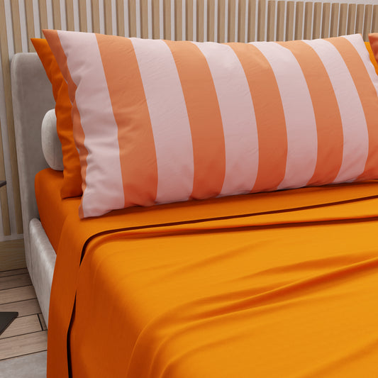 Lenzuola in Cotone, Completo Letto con Federe in Stampa Digitale Righe Rosa/Arancione