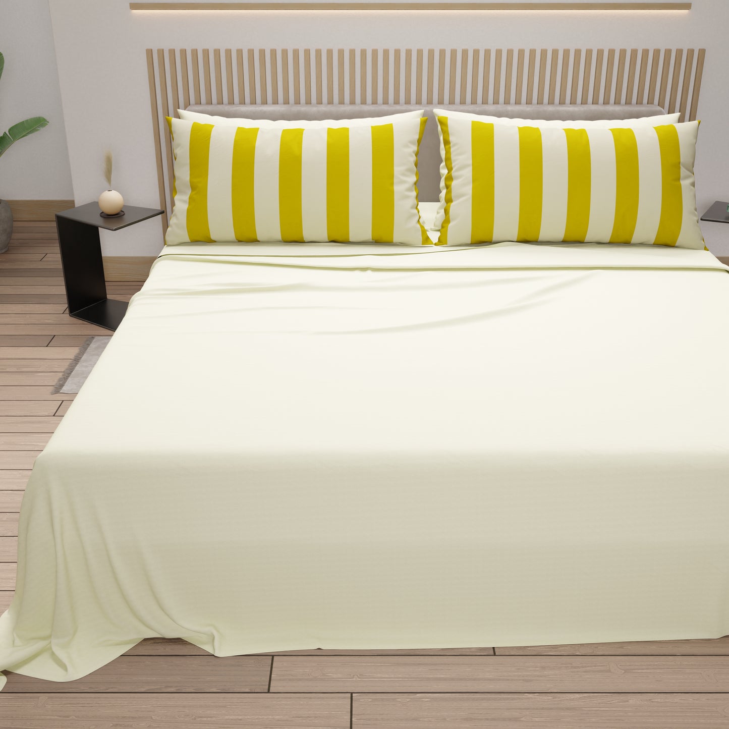 Lenzuola in Cotone, Completo Letto con Federe in Stampa Digitale Righe Giallo Ocra/Panna