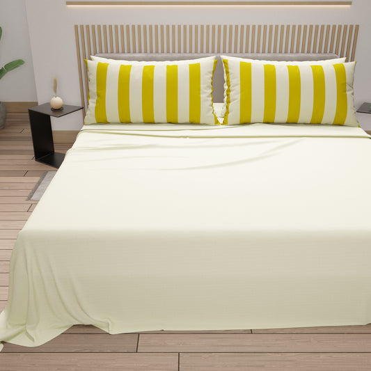 Lenzuola in Cotone, Completo Letto con Federe in Stampa Digitale Righe Giallo Ocra/Panna