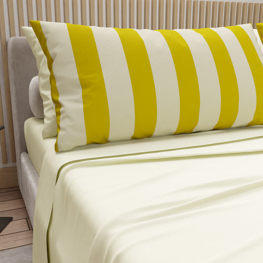 Lenzuola in Cotone, Completo Letto con Federe in Stampa Digitale Righe Giallo Ocra/Panna