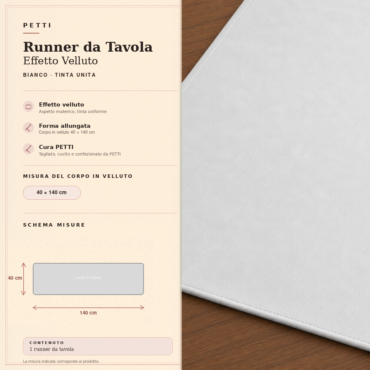 Runner da tavola effetto velluto Bianco, 40 × 140 cm — scheda misure e contenuto