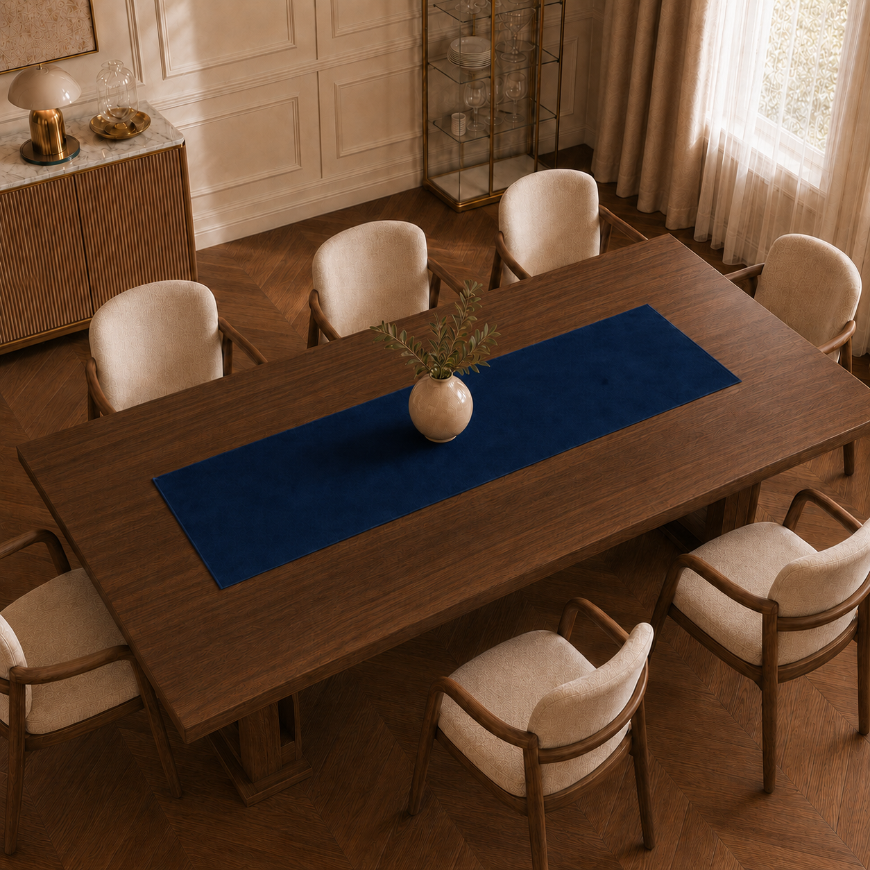 Runner da tavola effetto velluto Blu Scuro, 40 × 140 cm — vista dall’alto