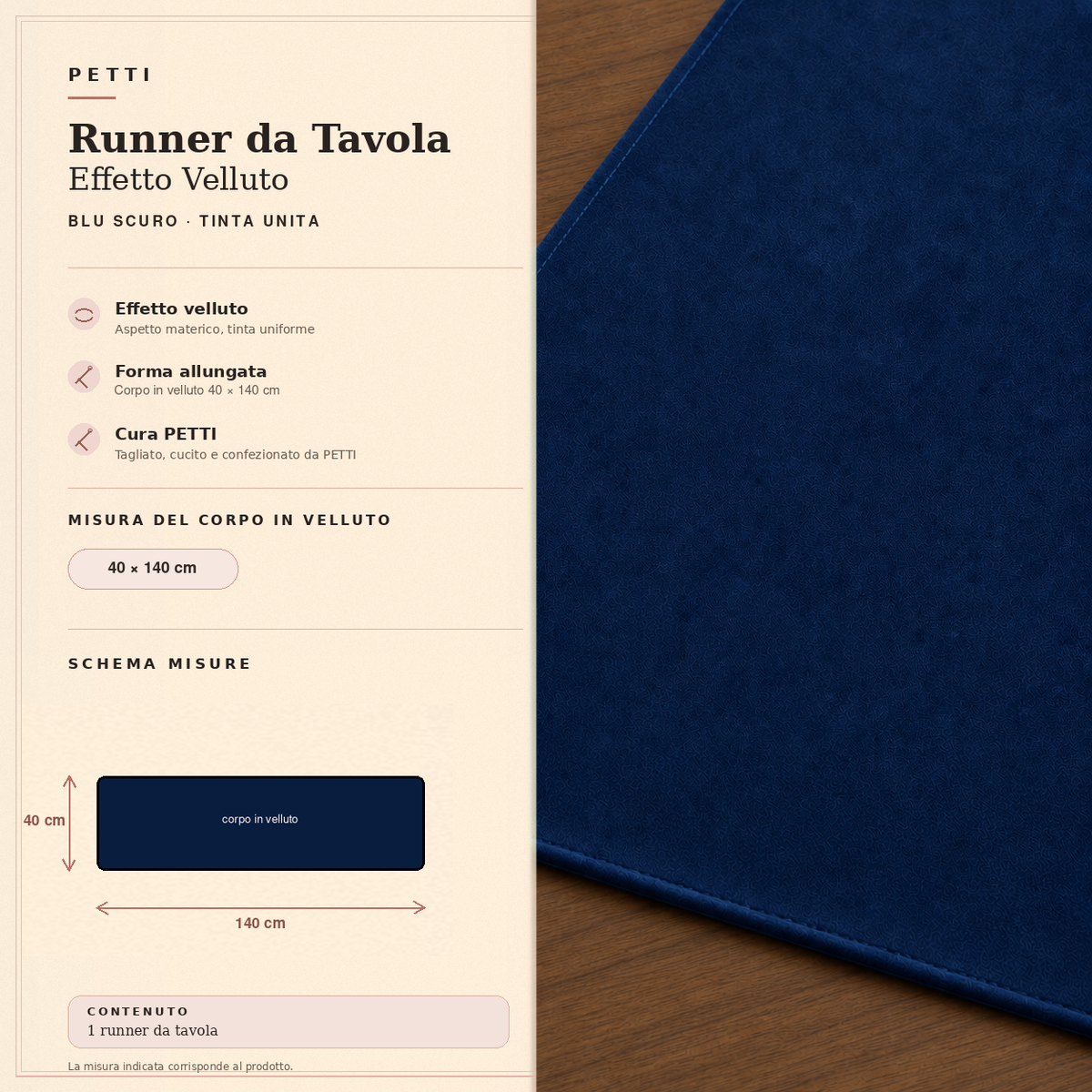 Runner da tavola effetto velluto Blu Scuro, 40 × 140 cm — scheda misure e contenuto