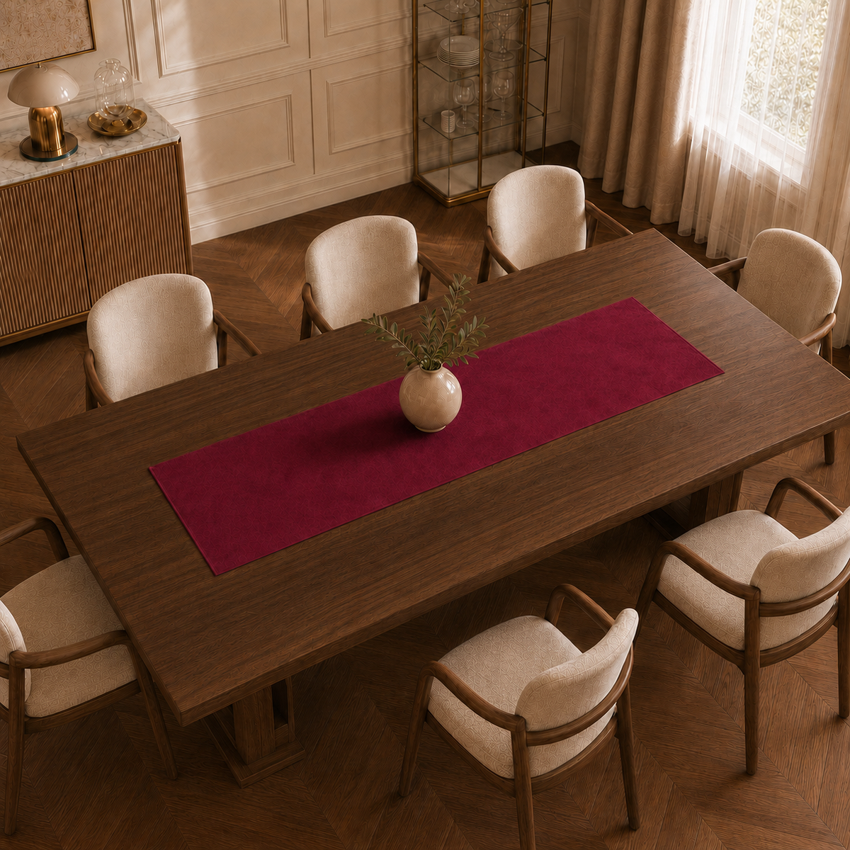 Runner da tavola effetto velluto Bordeaux, 40 × 140 cm — vista dall’alto