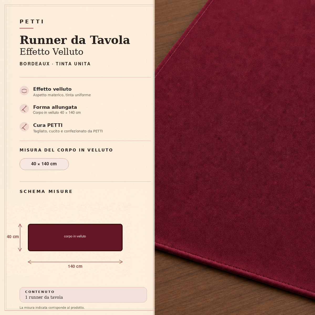 Runner da tavola effetto velluto Bordeaux, 40 × 140 cm — scheda misure e contenuto