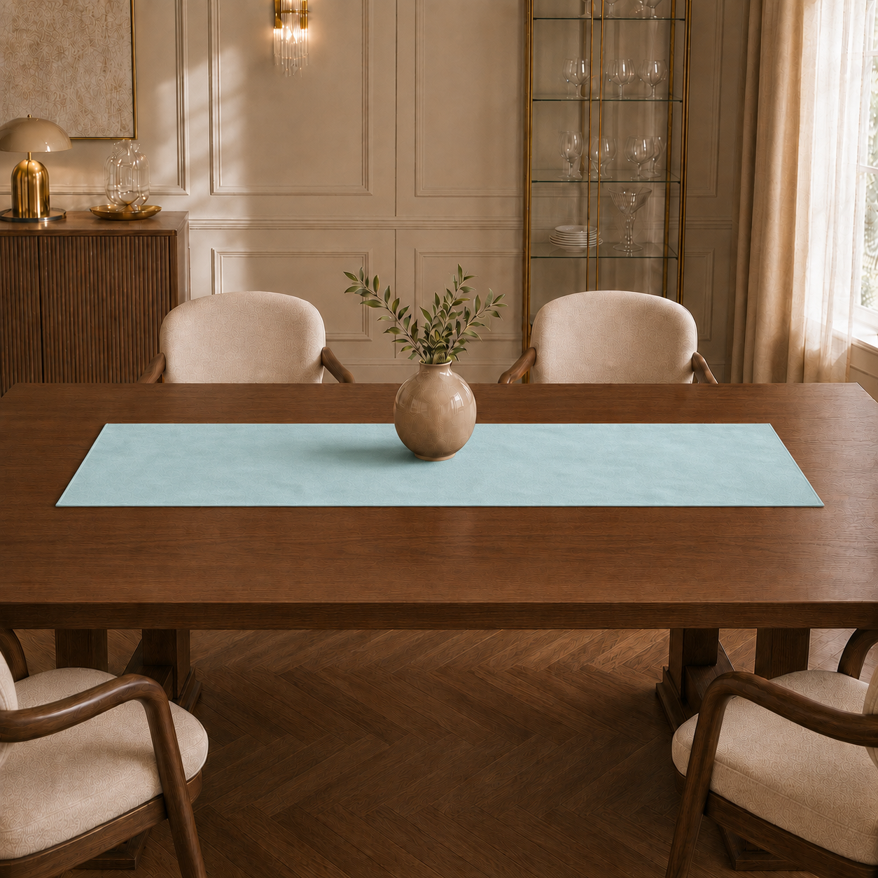 Runner da tavola effetto velluto Celeste, 40 × 140 cm — vista ambientata