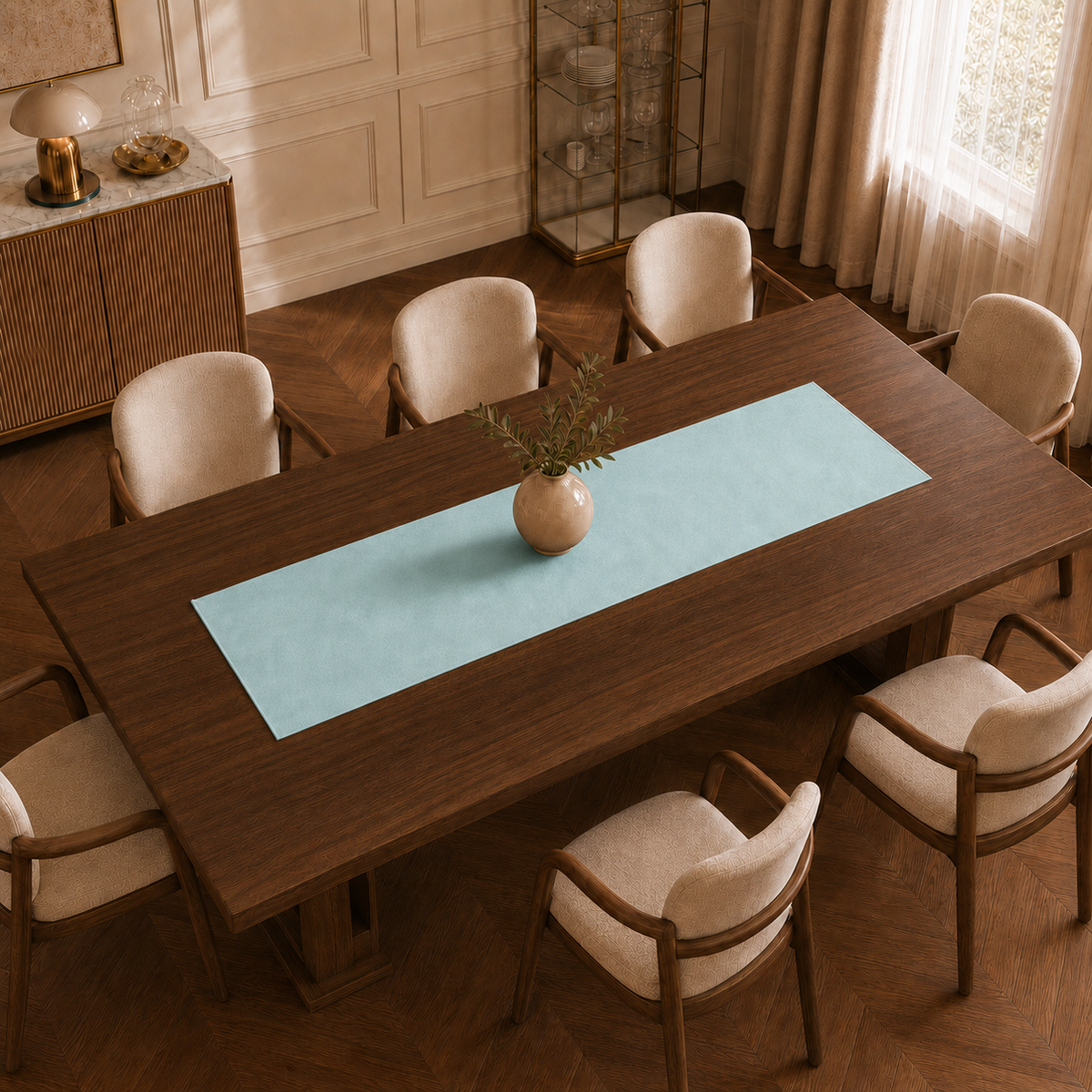 Runner da tavola effetto velluto Celeste, 40 × 140 cm — vista dall’alto