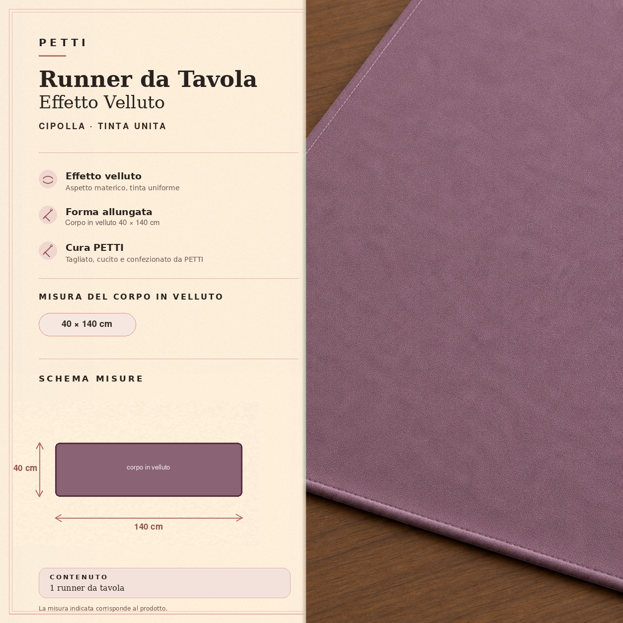 Runner da tavola effetto velluto Cipolla, 40 × 140 cm — scheda misure e contenuto