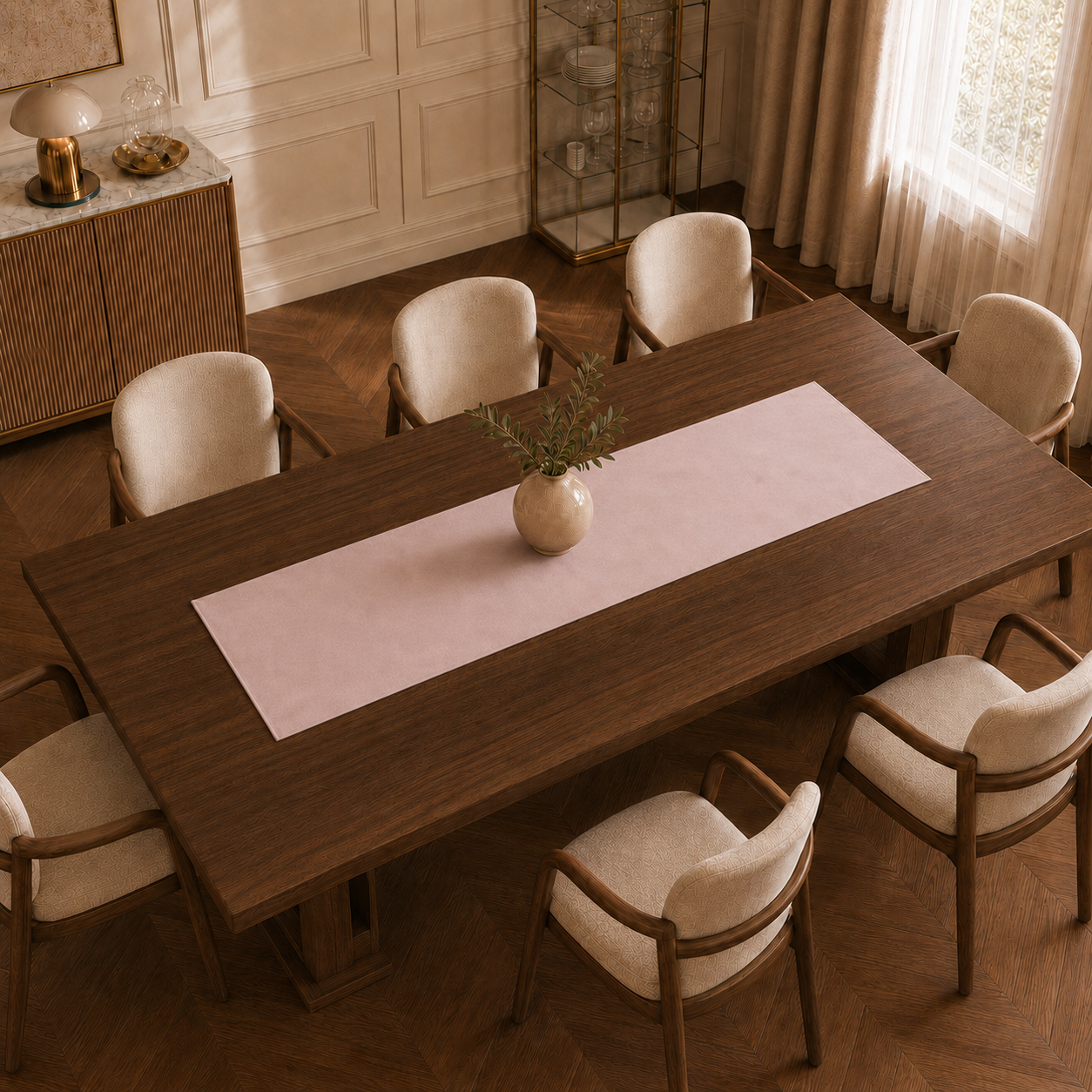 Runner da tavola effetto velluto Cipria, 40 × 140 cm — vista dall’alto