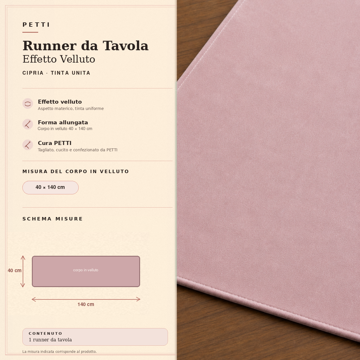 Runner da tavola effetto velluto Cipria, 40 × 140 cm — scheda misure e contenuto