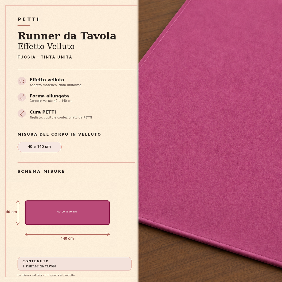 Runner da tavola effetto velluto Fucsia, 40 × 140 cm — scheda misure e contenuto