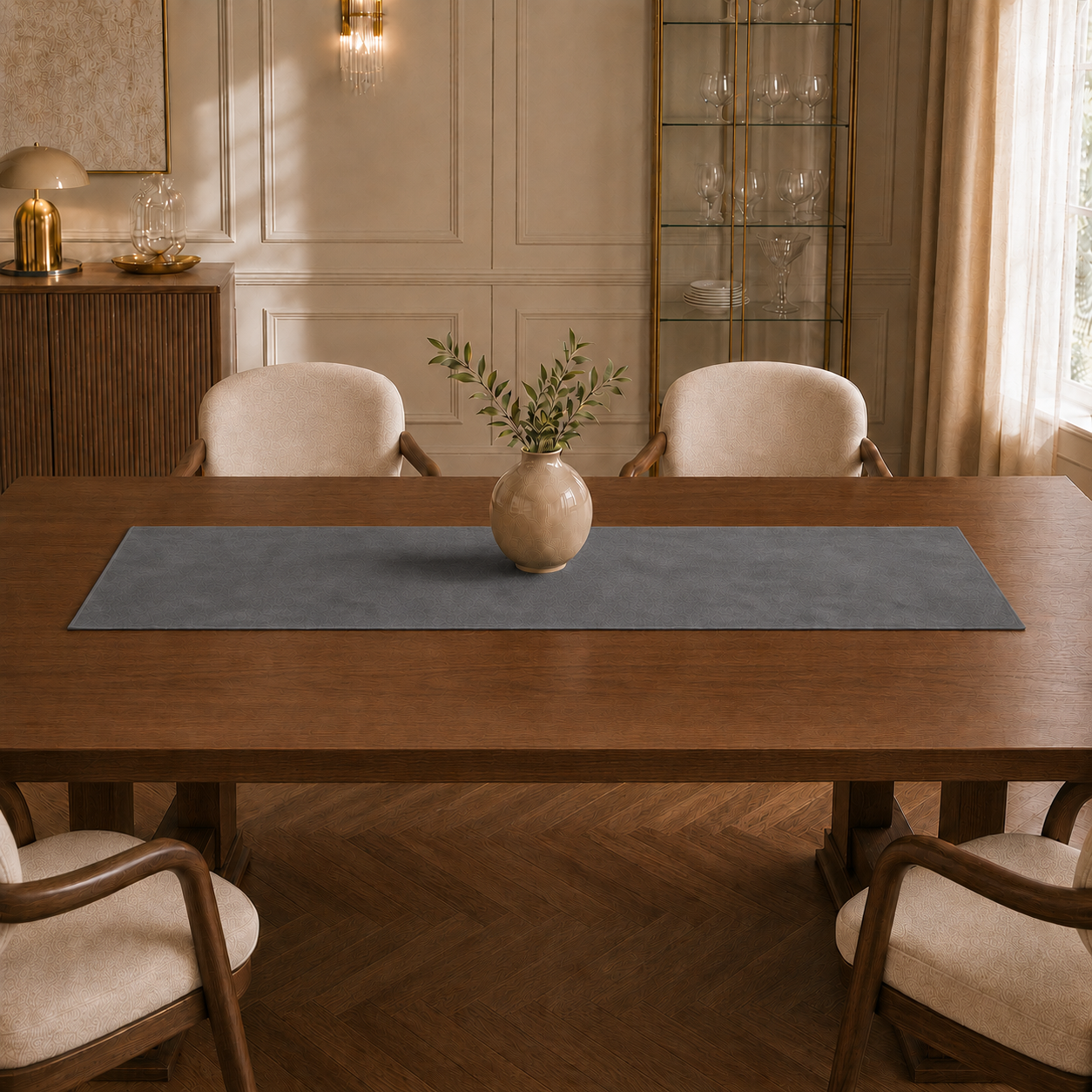 Runner da tavola effetto velluto Grigio Scuro, 40 × 140 cm — vista ambientata