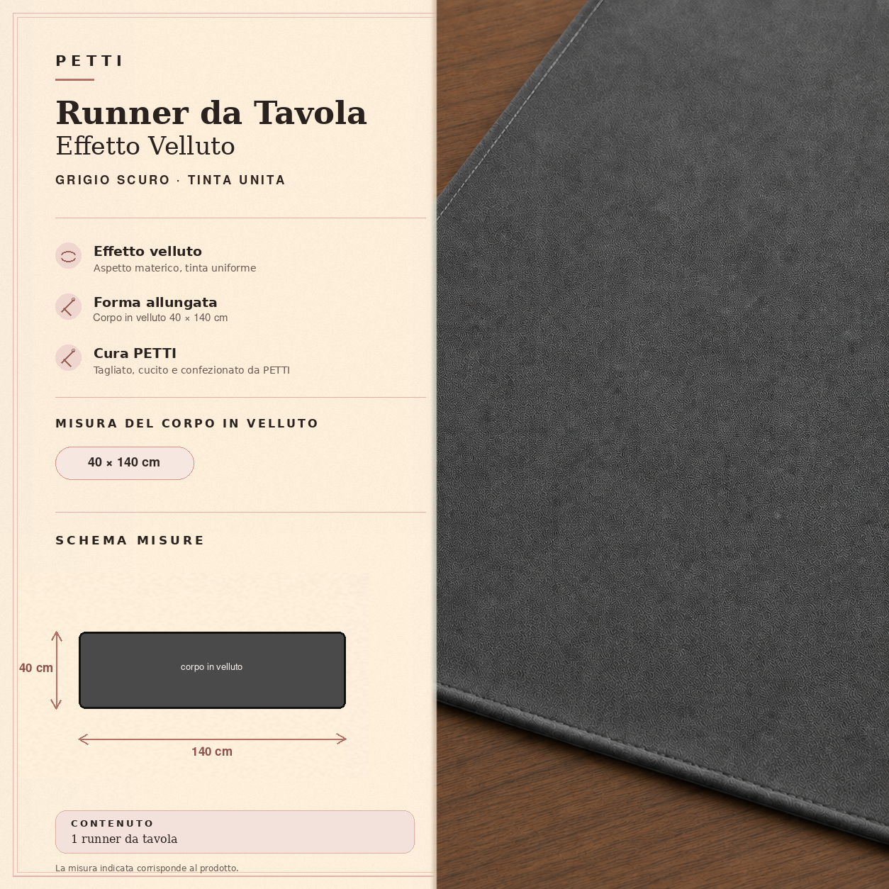 Runner da tavola effetto velluto Grigio Scuro, 40 × 140 cm — scheda misure e contenuto