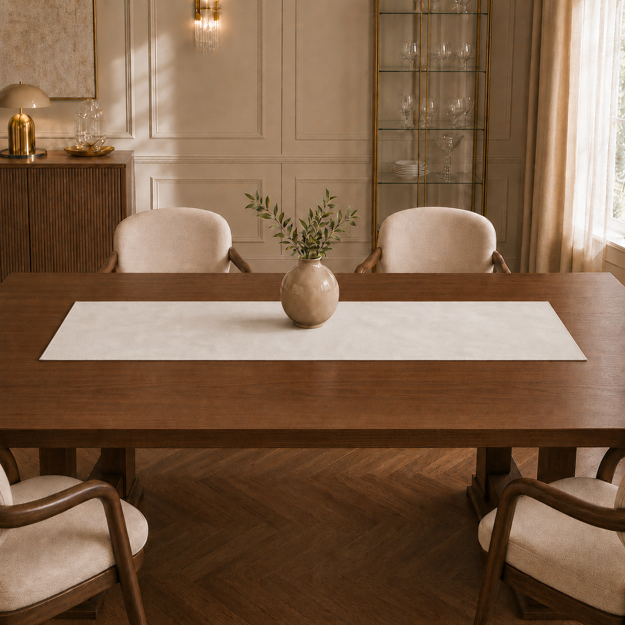 Runner da tavola effetto velluto Bianco Latte, 40 × 140 cm — vista ambientata