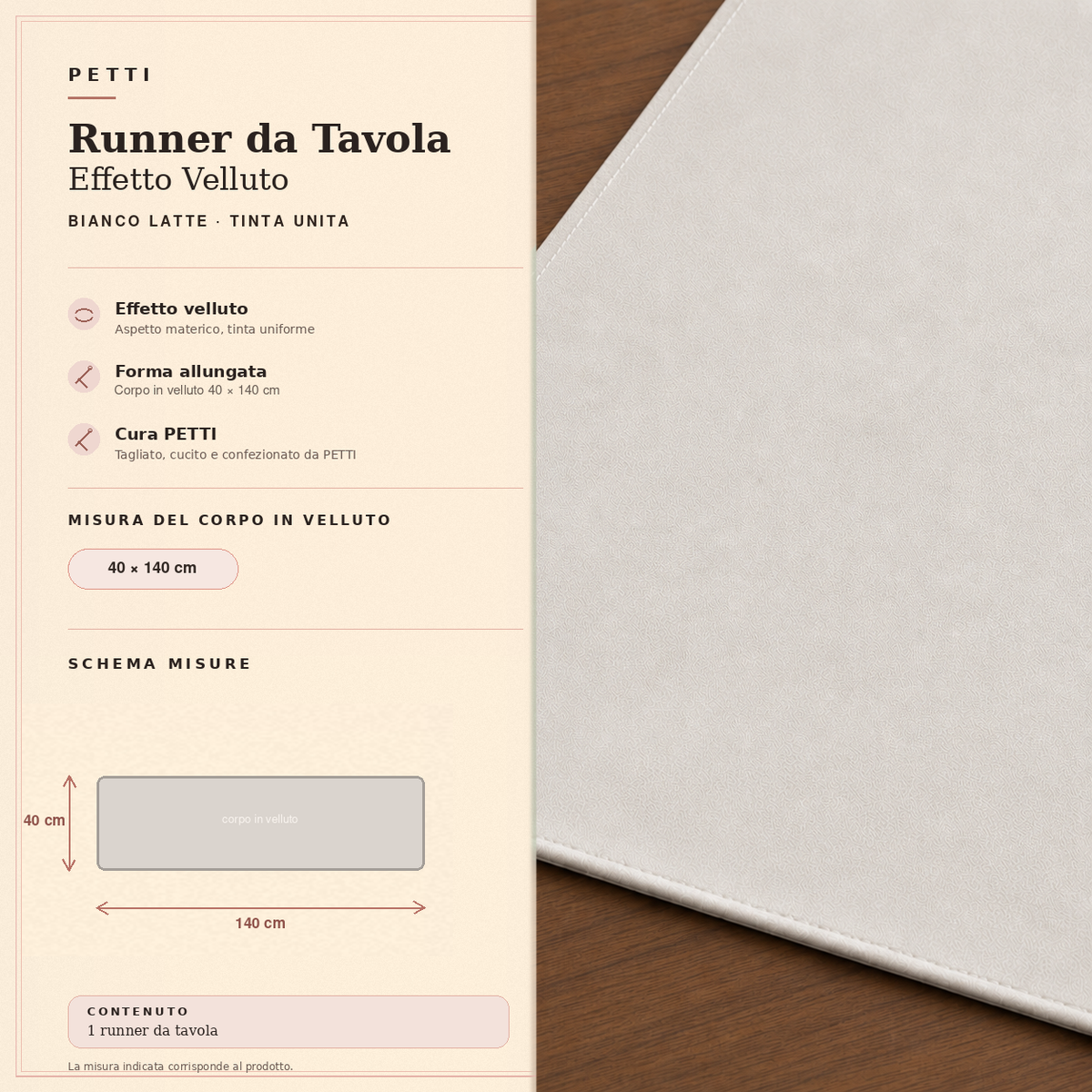 Runner da tavola effetto velluto Bianco Latte, 40 × 140 cm — scheda misure e contenuto