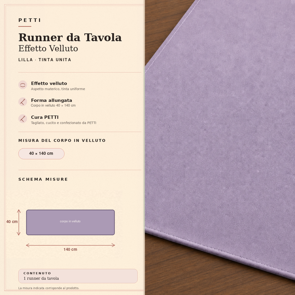 Runner da tavola effetto velluto Lilla, 40 × 140 cm — scheda misure e contenuto