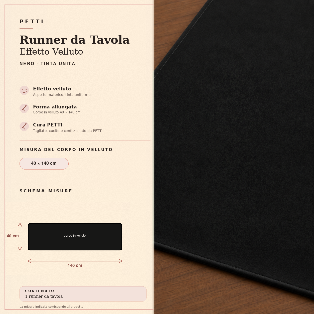 Runner da tavola effetto velluto Nero, 40 × 140 cm — scheda misure e contenuto