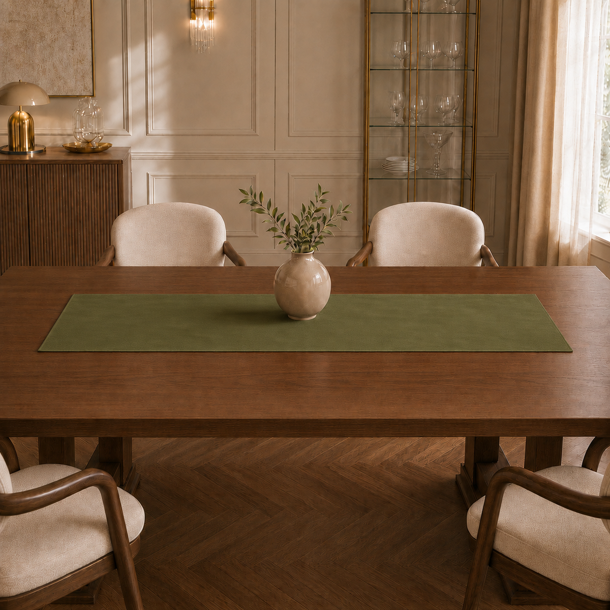 Runner da tavola effetto velluto Verde Oliva, 40 × 140 cm — vista ambientata