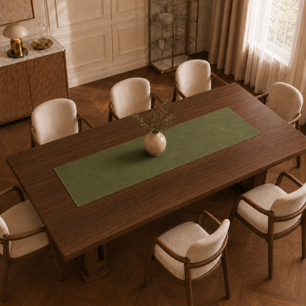 Runner da tavola effetto velluto Verde Oliva, 40 × 140 cm — vista dall’alto