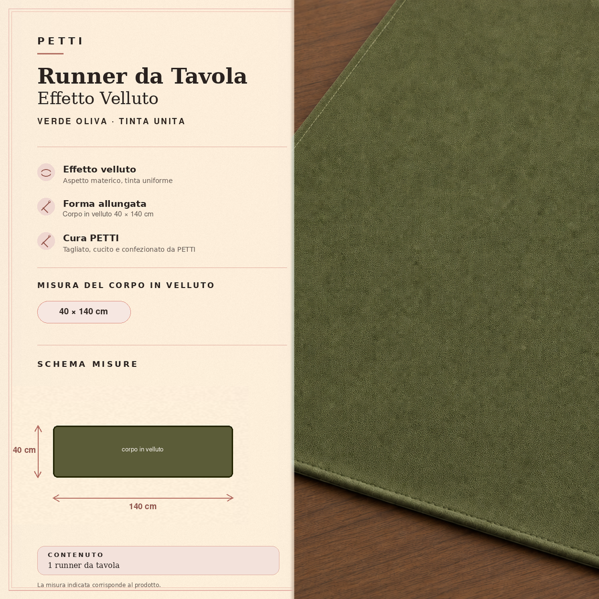 Runner da tavola effetto velluto Verde Oliva, 40 × 140 cm — scheda misure e contenuto
