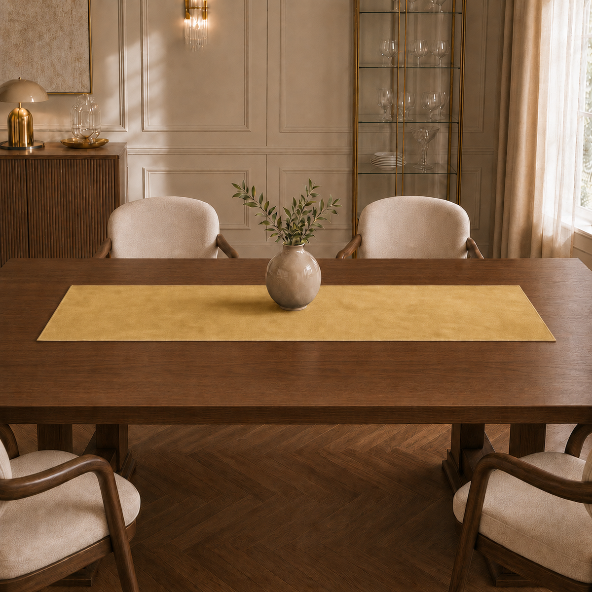 Runner da tavola effetto velluto Oro, 40 × 140 cm — vista ambientata