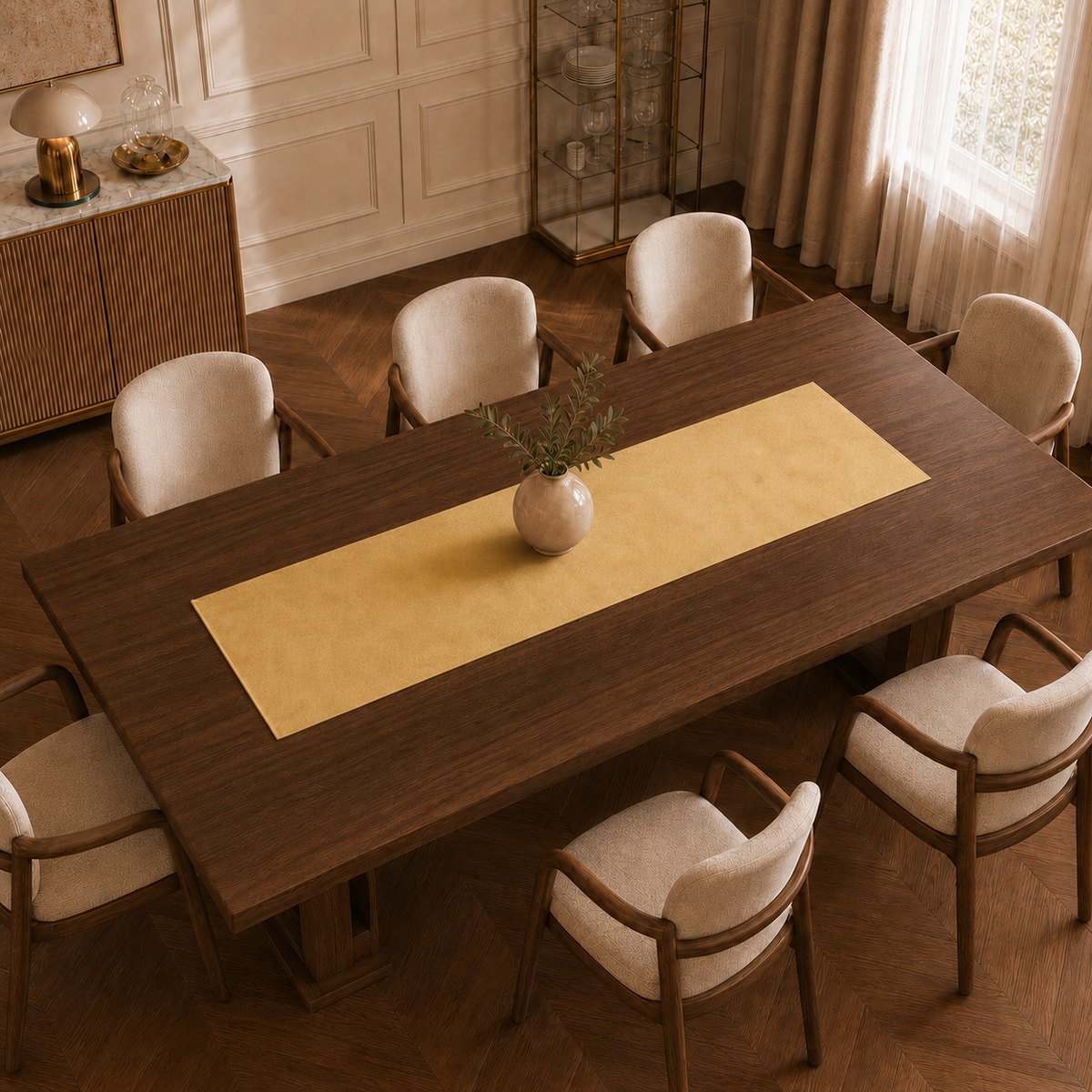 Runner da tavola effetto velluto Oro, 40 × 140 cm — vista dall’alto
